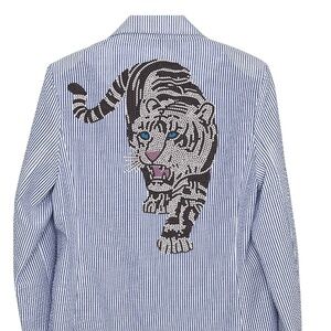 Blazer, Seersucker Blue, Silver Rhinestone Walking Tiger